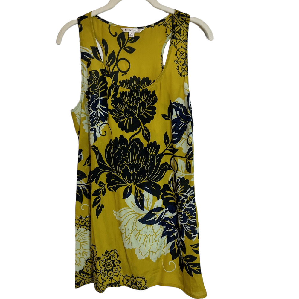 Cabi Womens Silk Blend Bali Floral Tank Top Size Small Style 286 Mustard Black